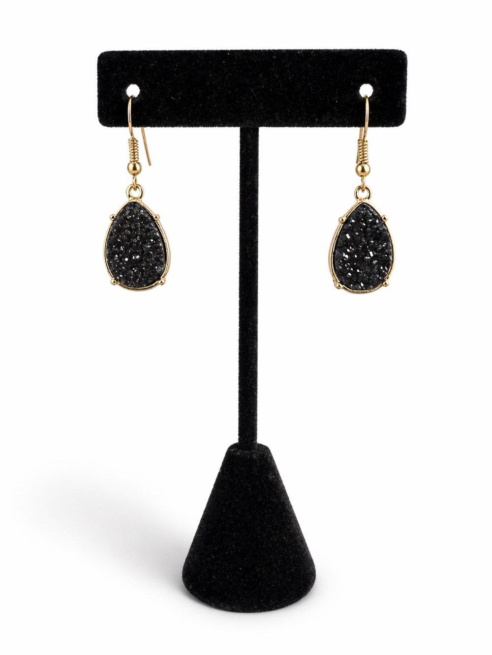 Gold Teardrop Black Druzy Drop Earrings